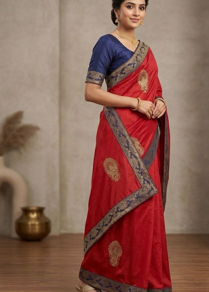 Elegant Red Saree with Blue Border