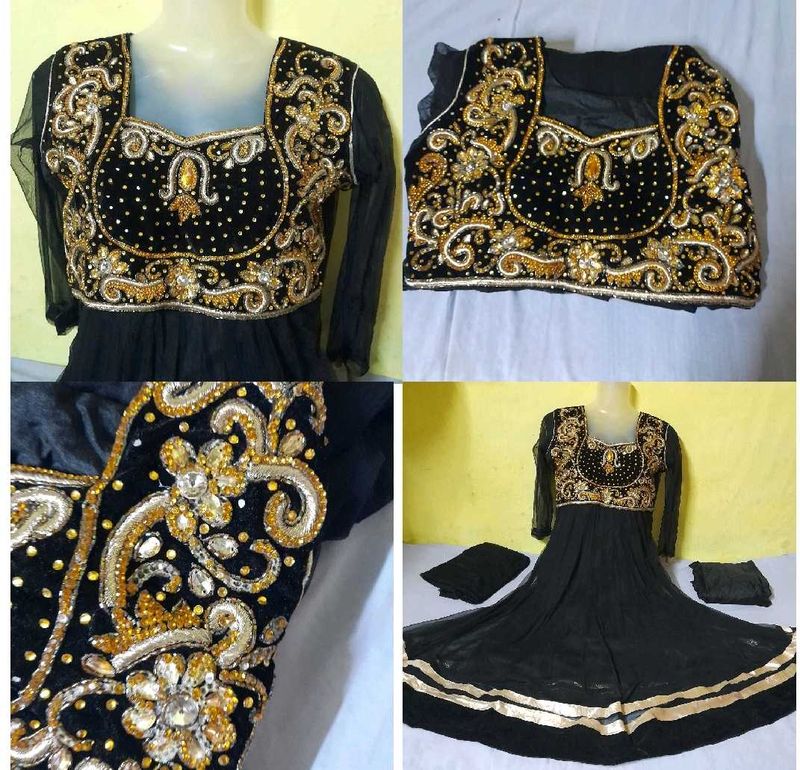 Black Anarkali Dress with Gold Embellishments