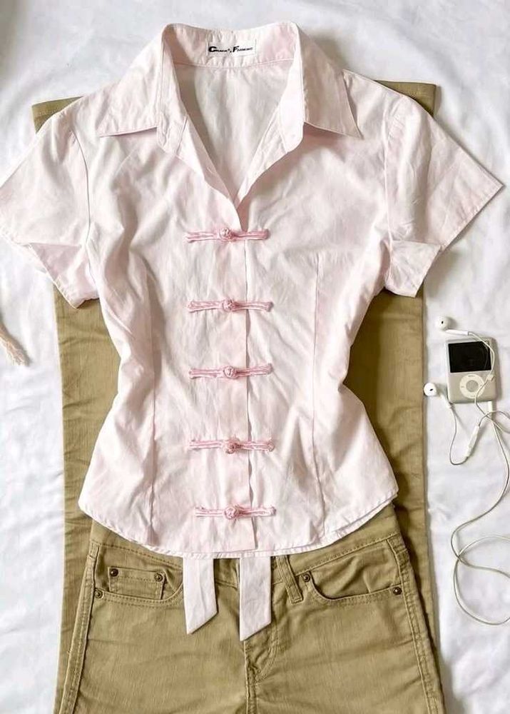 y2k chinese Pink Short Sleeve Button Top