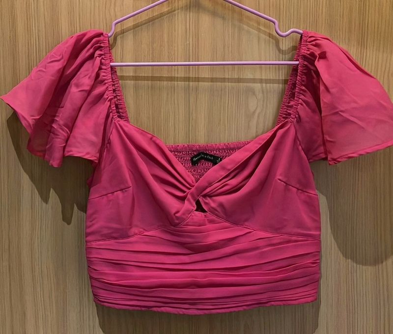 Pink Ruched Twist-Front Crop Top