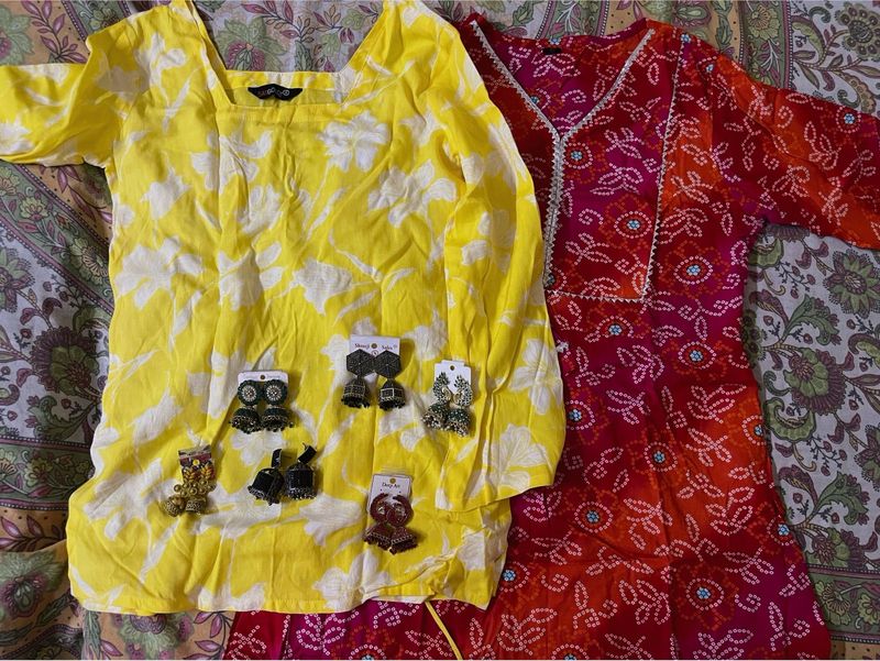 Yellow &amp; Red Ethnic Kurta Set with Earrings