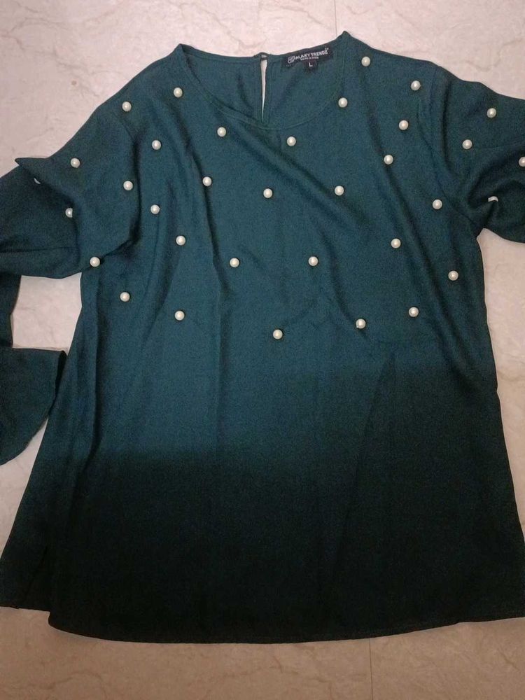 Elegant Pearl Embellished Teal Top