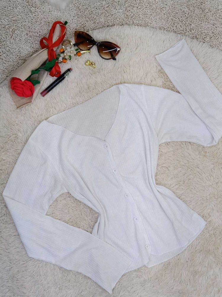White Ribbed Button-Up Long Sleeve Top