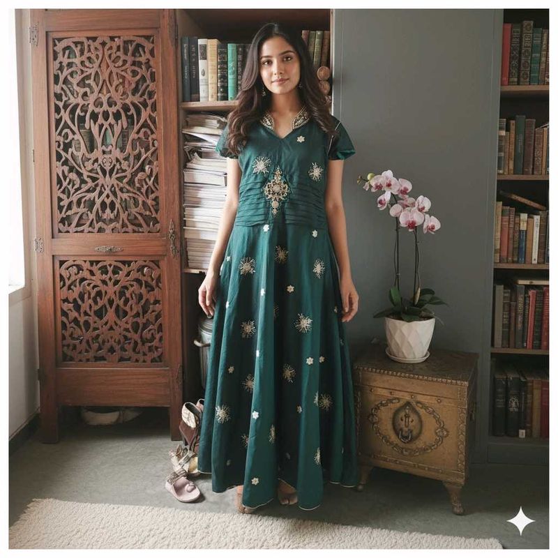 Elegant Emerald Green Embroidered Gown