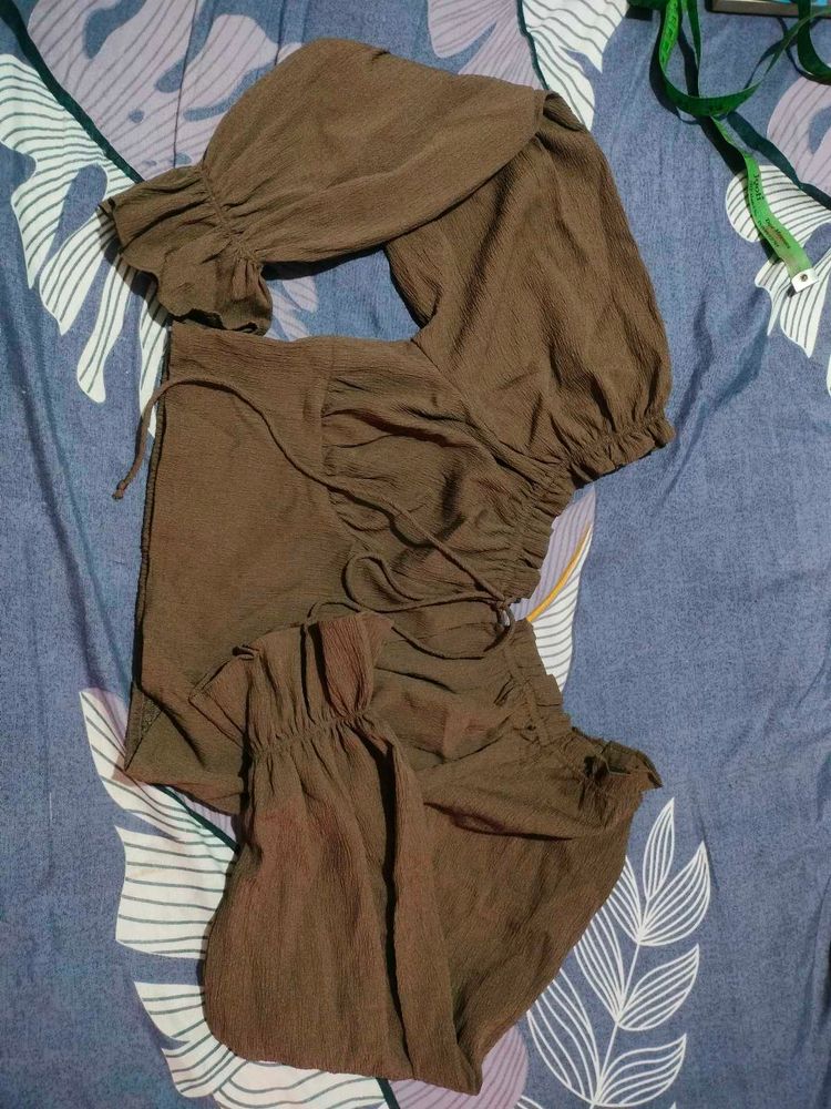 Chic Brown Puff Sleeve Top &amp; Skirt Set