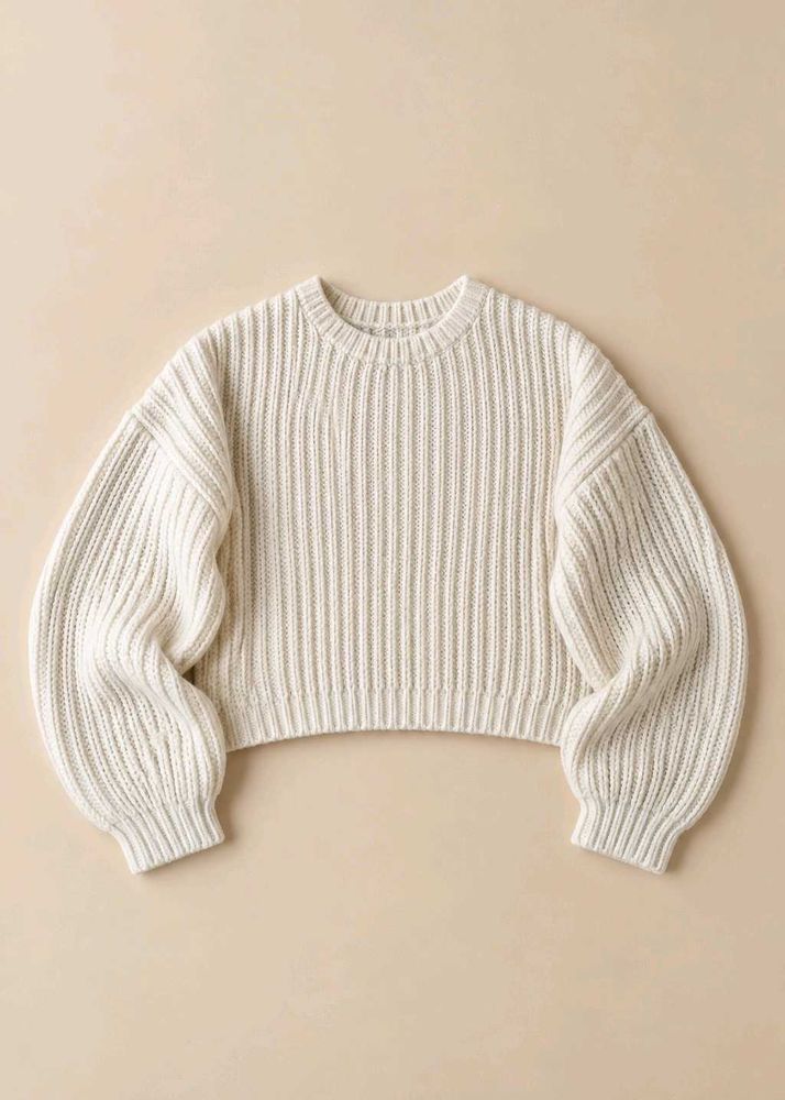 IVORY WHITE RIBBED KNIT CROPPED SWEATER