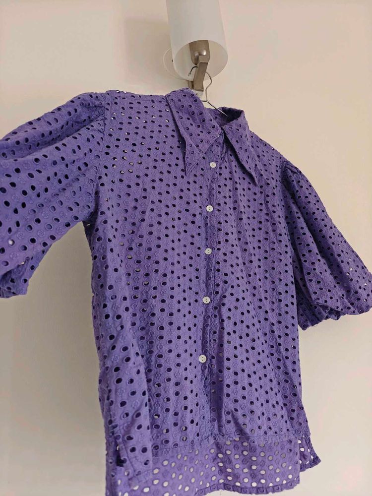 Zara Purple Eyelet Puff Sleeve Shirt