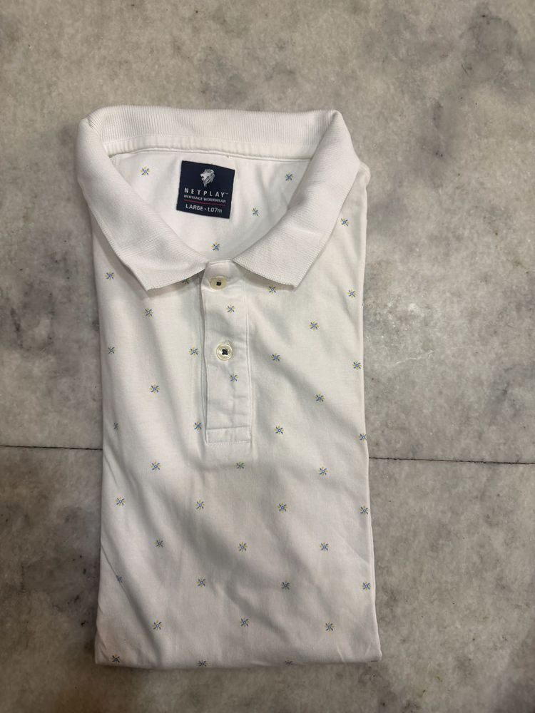 Men's White Printed Polo T-Shirt