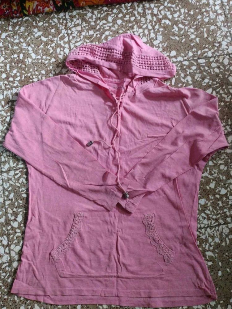 Pink Lace Trim Hoodie