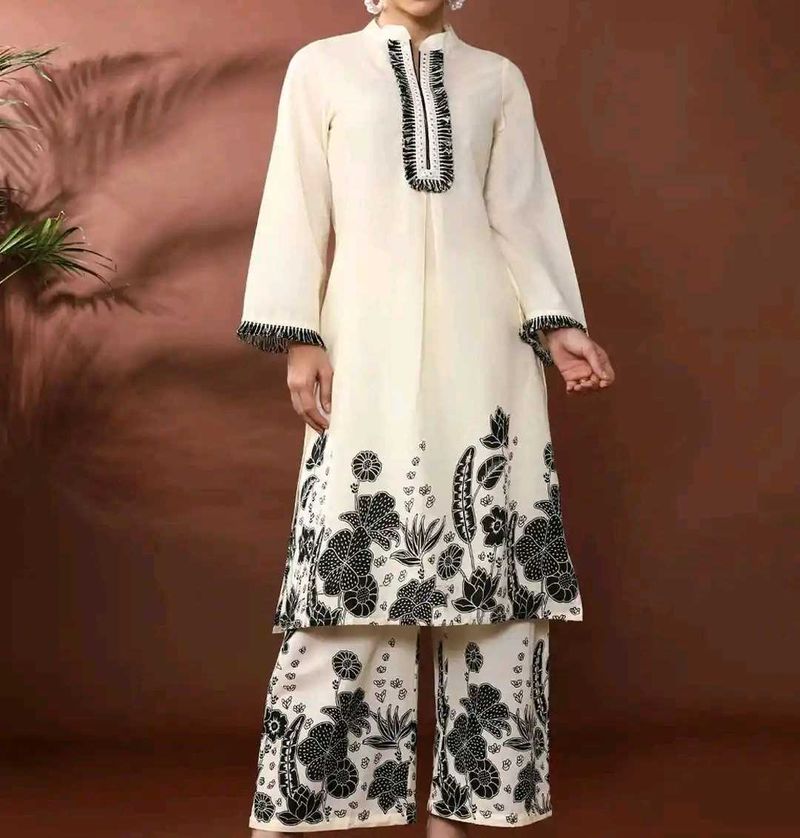 Elegant Cream Kurta Set with Black Print