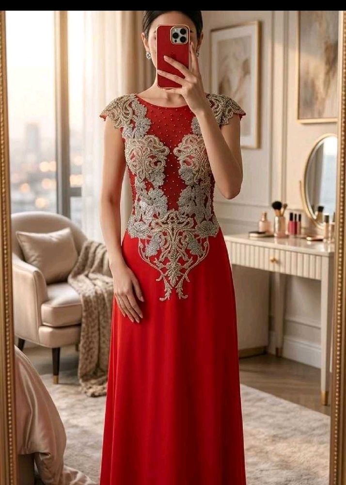 Elegant Red Embroidered Gown