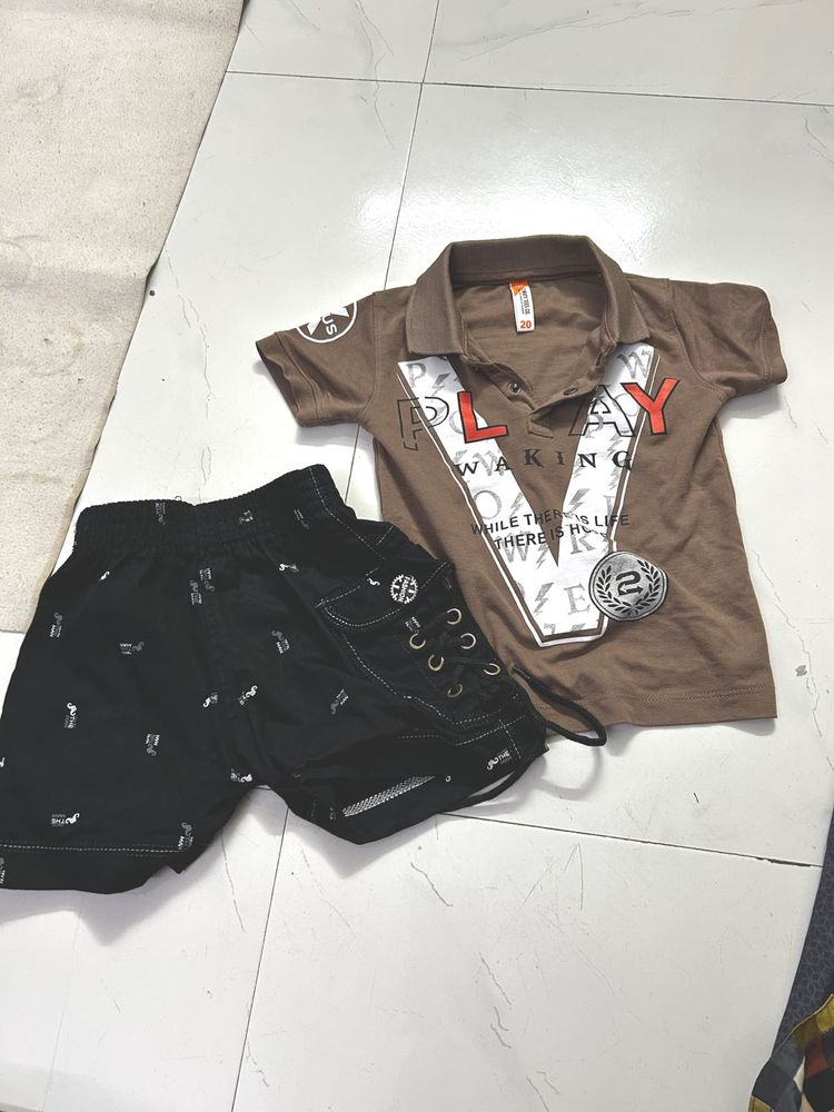 Boys Brown Shirt &amp; Black Shorts Set - Size 20