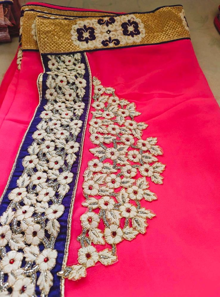 Pure Georgette Beautiful Pink Embroidered Saree