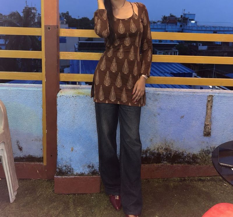 Stylish Brown Kurta with Leaf Print