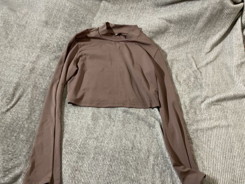 Brown Mock Neck Cropped Long Sleeve Top