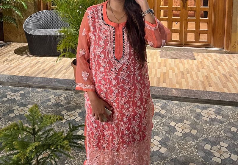 Charming Coral Chikankari Kurta