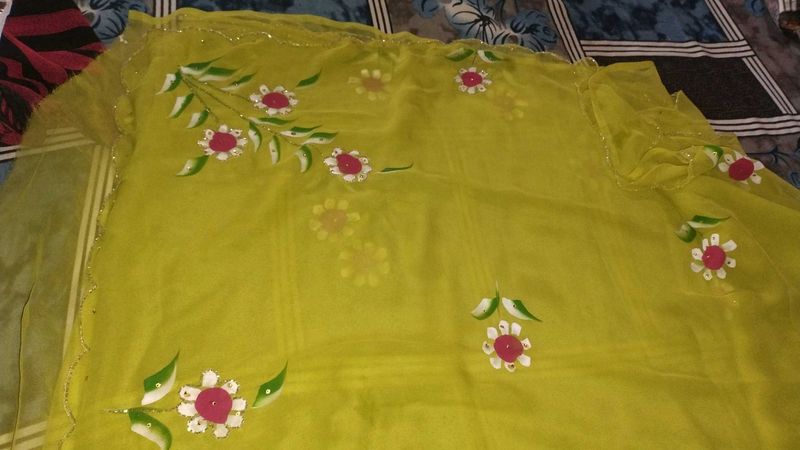 Handpainted Yellow Saree