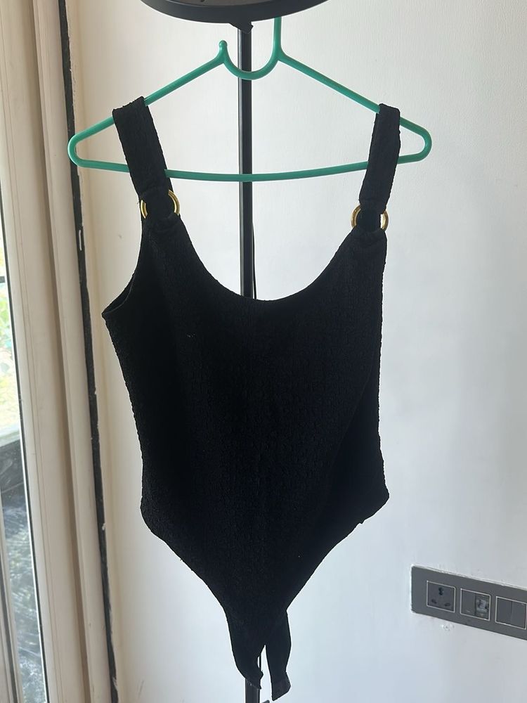 Black Textured Bodysuit with Gold Hardware
