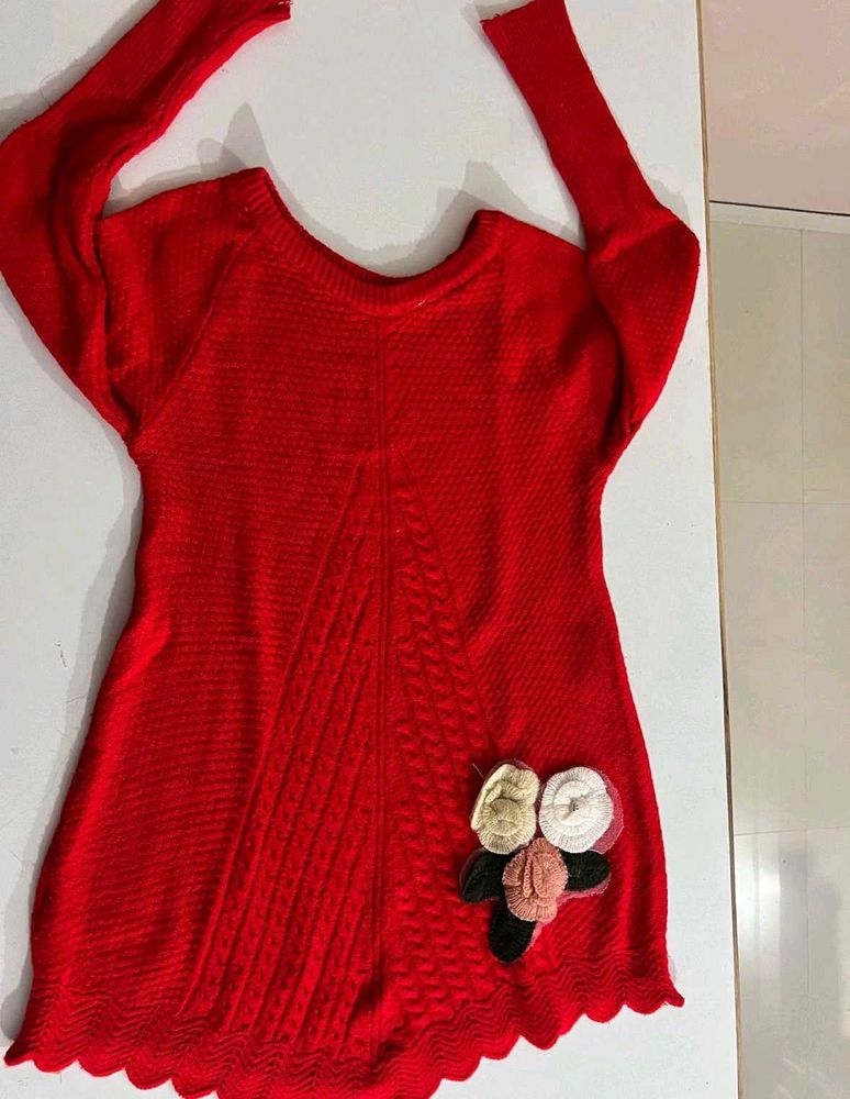Red Knit Sweater with Floral Detail