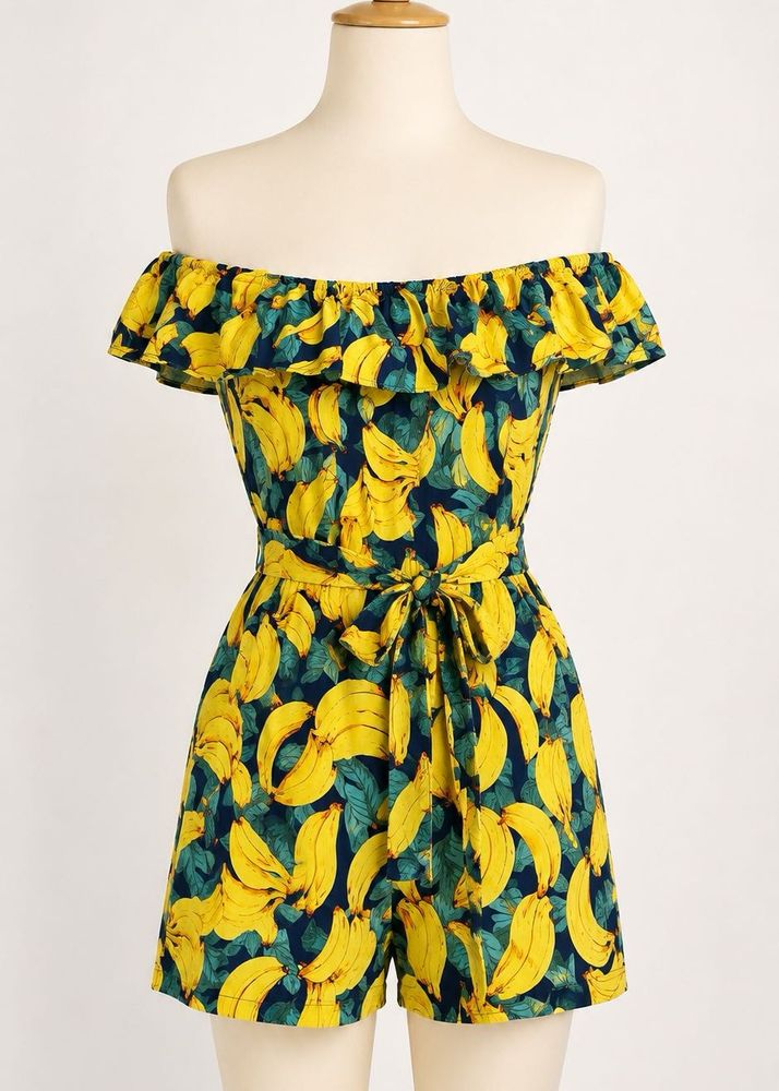 Off-Shoulder Banana Print Jumpsuit