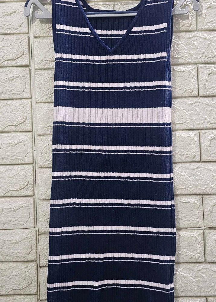 Navy blue and white striped sleeveless dress
