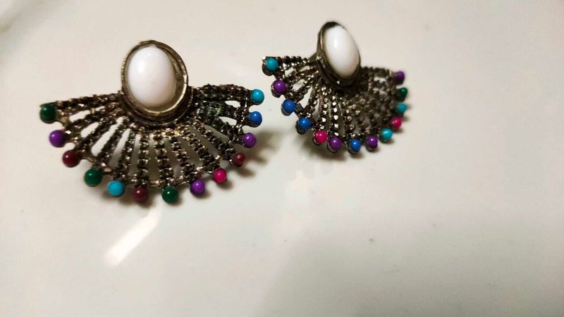 Oxidised Silver Afghani Boho Fan Stud Earrings - W