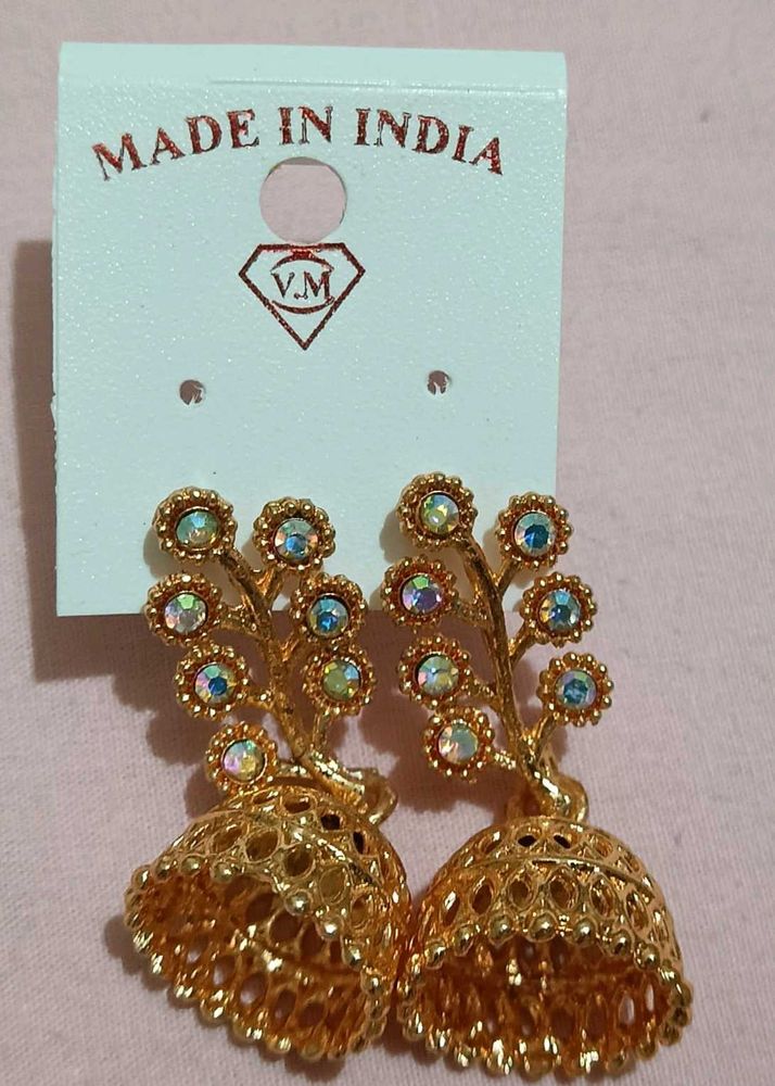 Gold Jhumka Earrings with Crystals