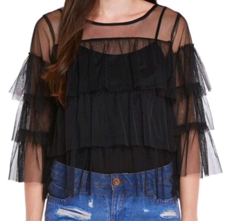 Black ruffled mesh top