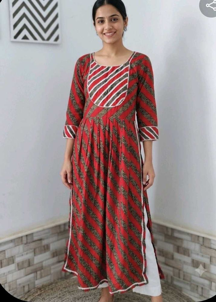 Red Kurta with Striped Pattern
