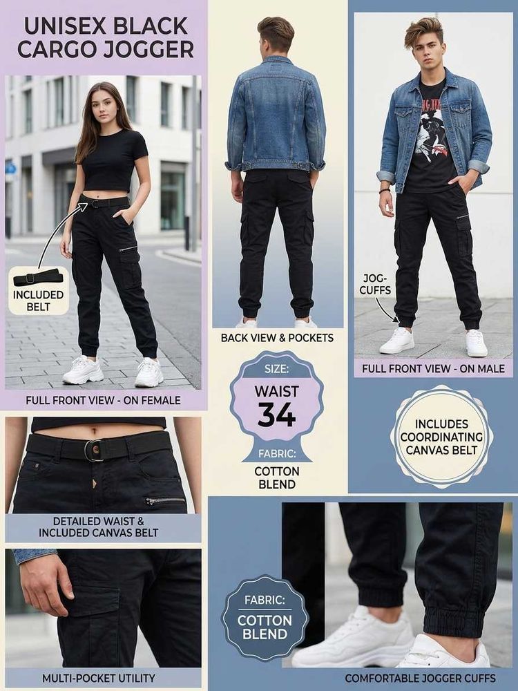 Men's Black Cargo Jogger Pants with Belt