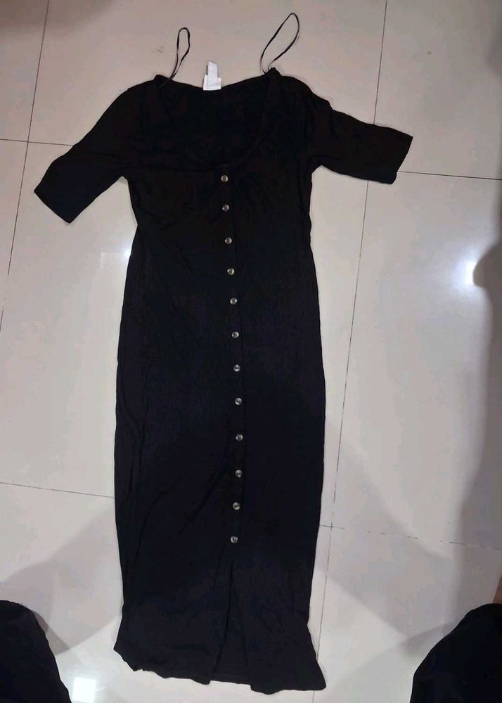 Black Button-Front Midi Dress