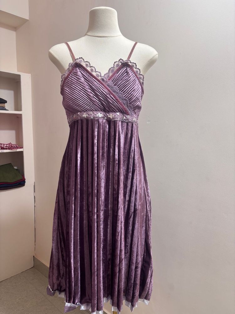 Aubergine Velvet Pleated Dress