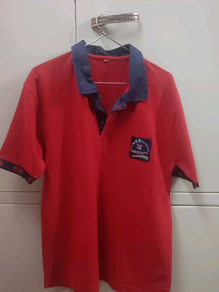 Red T-Shirt with Blue Collar
