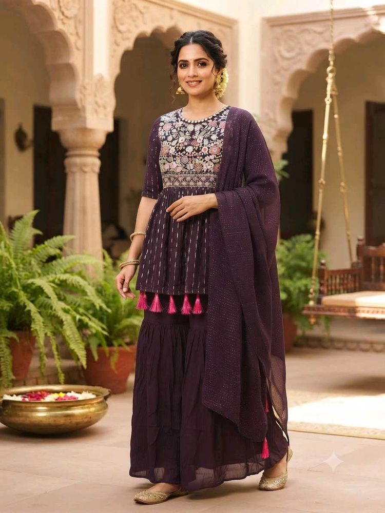 Elegant Purple Kurta &amp; Sharara Set with Dupatta