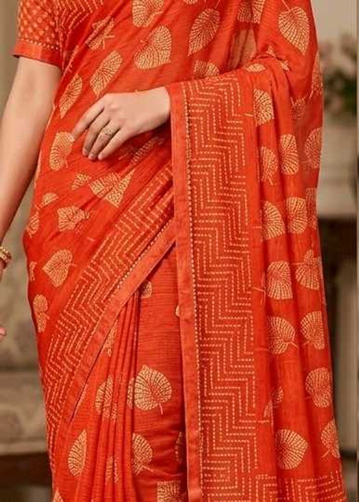 Elegant Orange Saree with Leaf Print