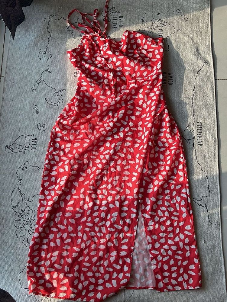 Red White Backless Slit Dress