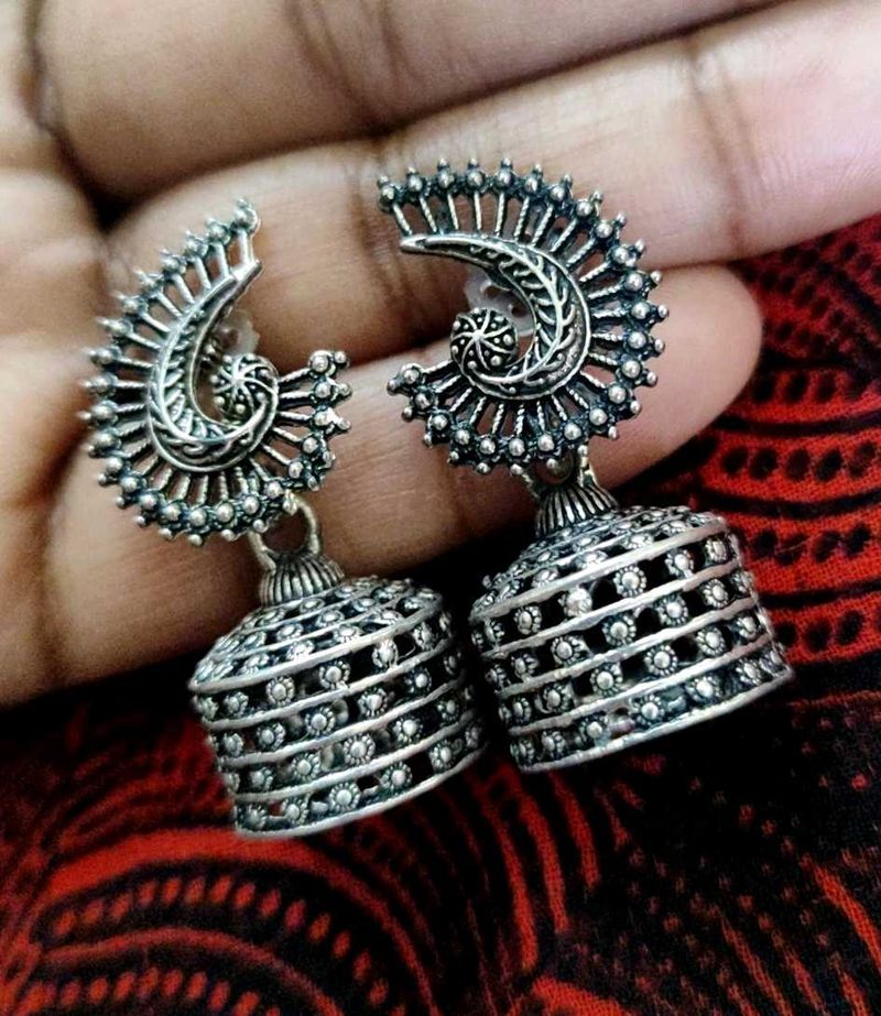 Oxidized Silver Jhumka Earrings