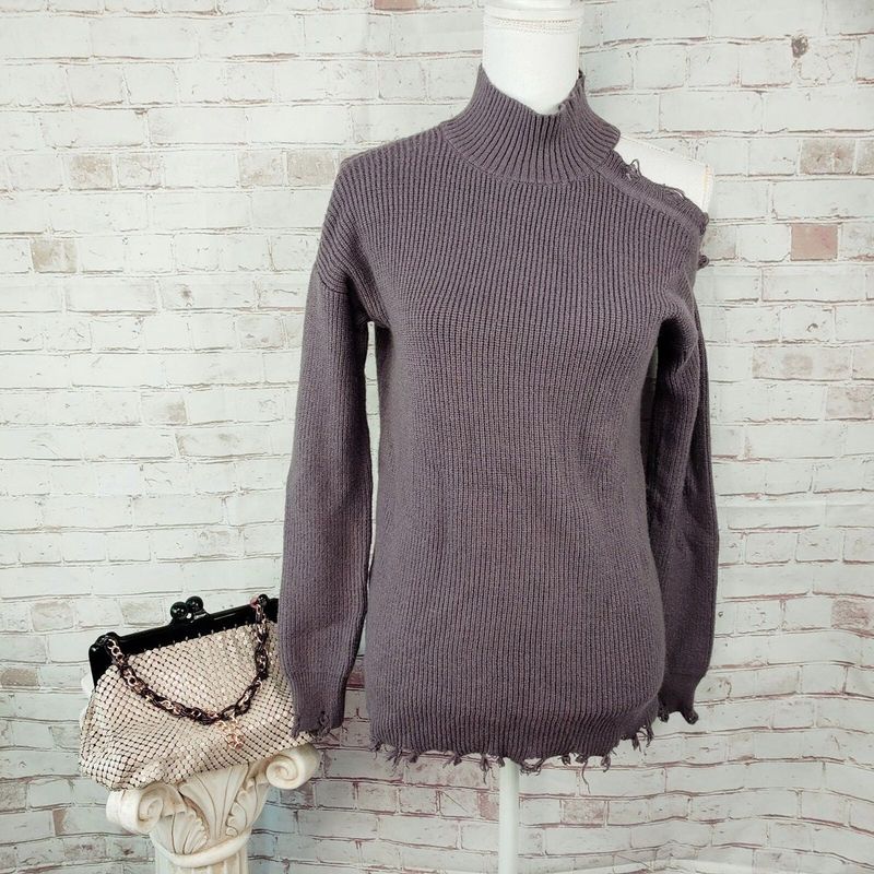 Imported Taupe Cold Shoulder Mock Neck Fray Hem Ri