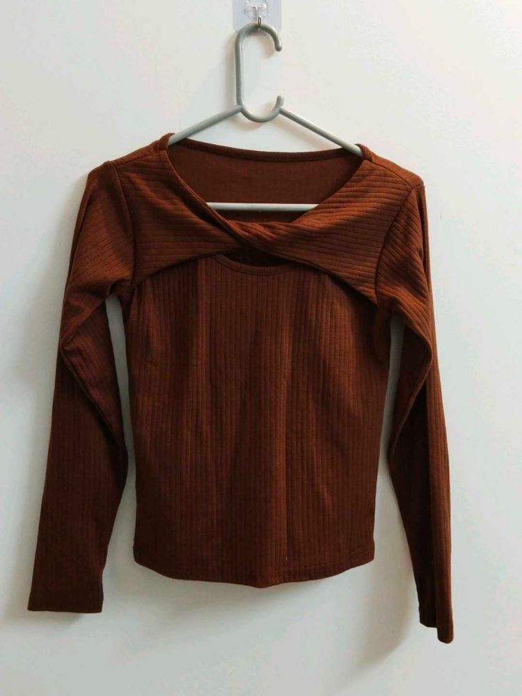 Brown Ribbed Twist Front Top