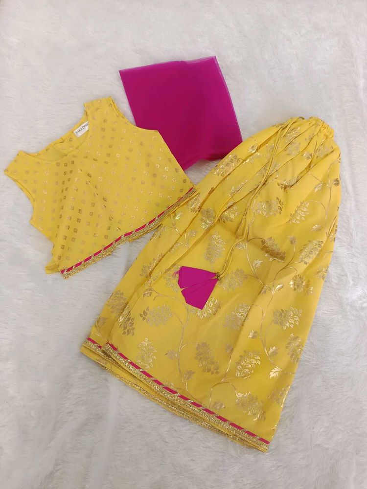 Yellow &amp; Pink Brocade Lehenga Choli Set