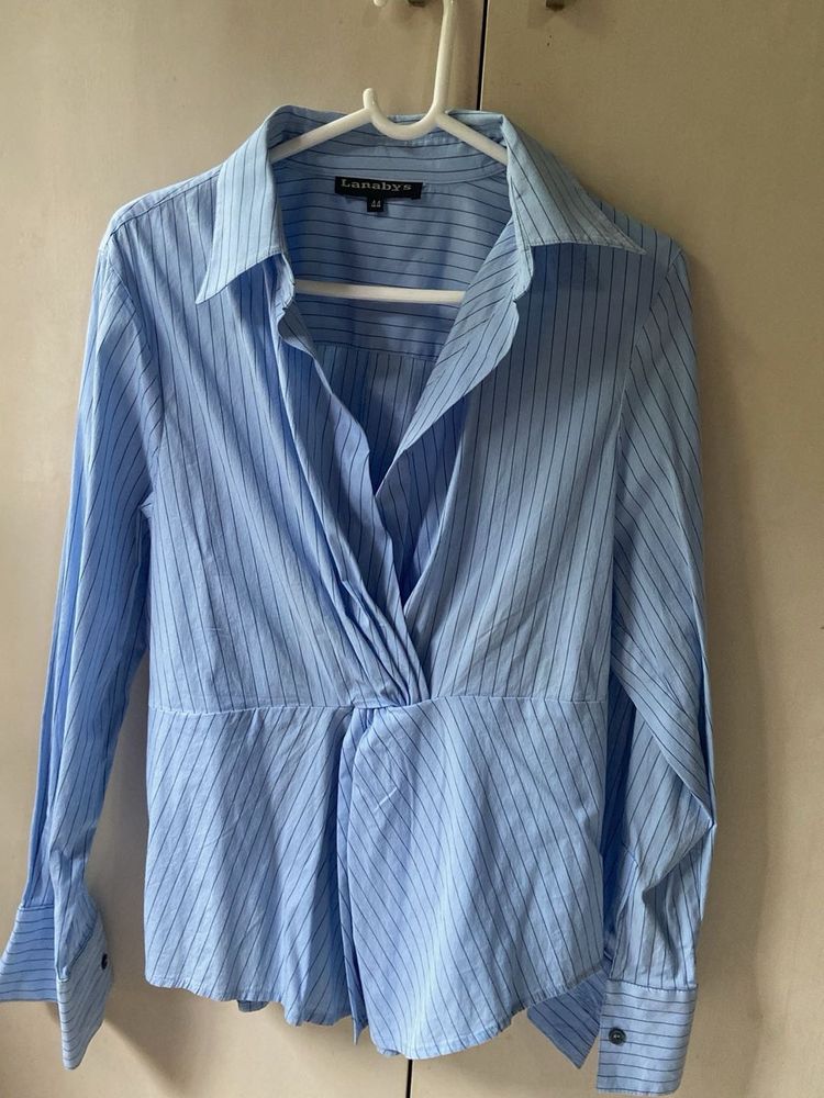 Chic Blue Striped Wrap Shirt