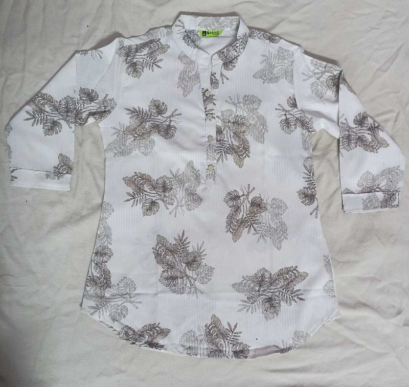 White Floral Print Kurta