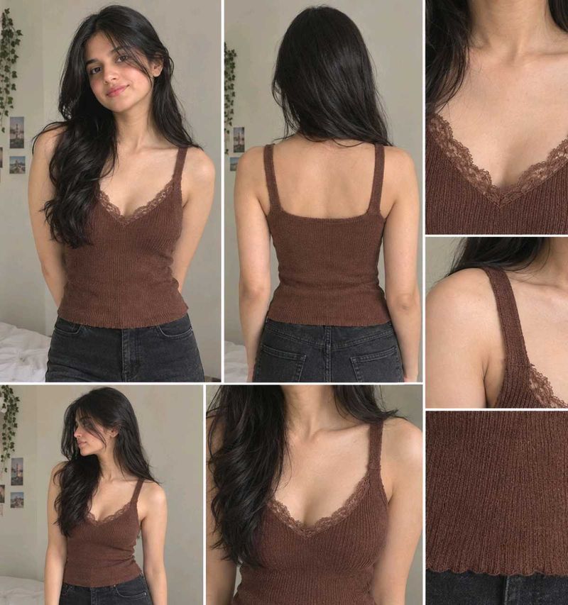 Brown Ribbed Lace Trim Cami Tank Top