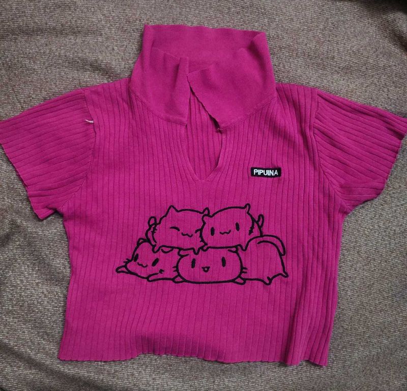 Crop pink cat shirt( SAVANA)