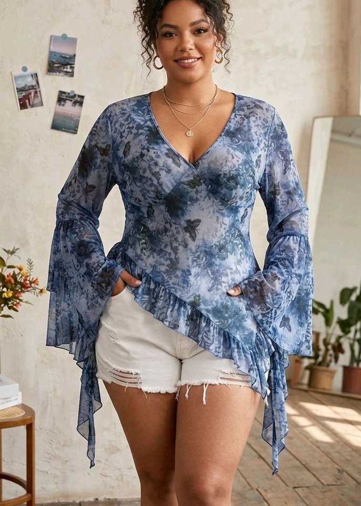 plus size Boho Floral Print Ruffle top