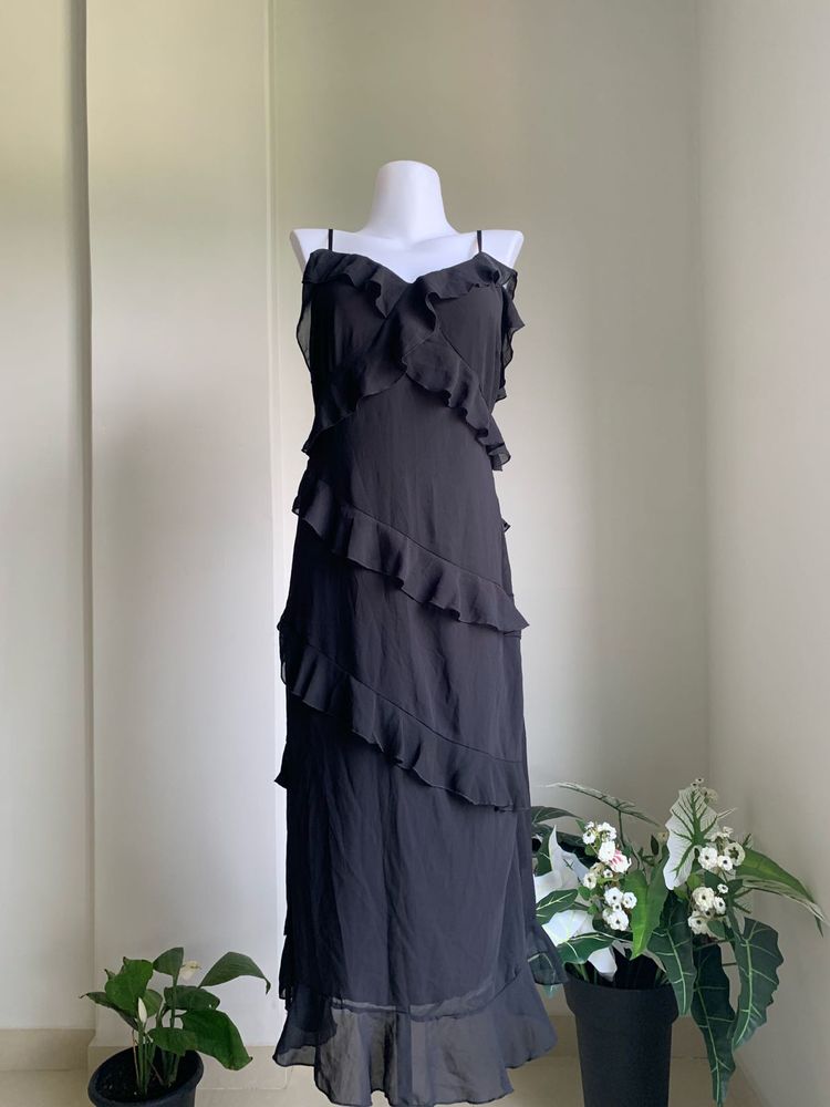 Flowy Black Ruffle Maxi Dress