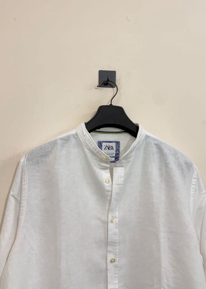 Zara White linen blend Band Collar Shirt