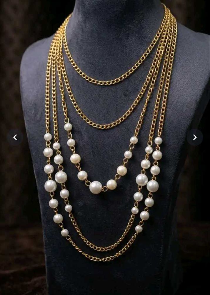 Layered Pearl Chain Necklace with earrings