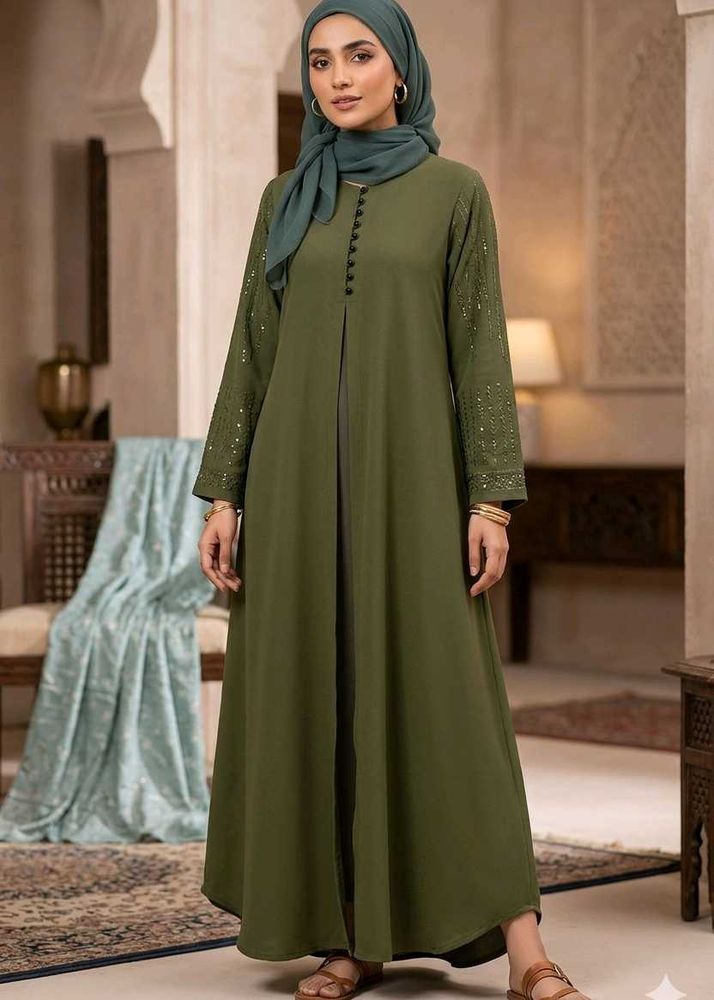 Elegant Olive Green Abaya Gown with stole and nose