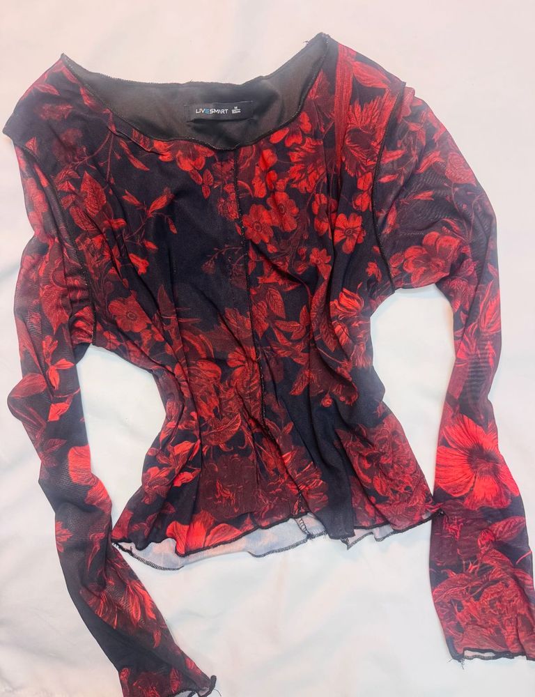 Floral Print mesh Long Sleeve Top